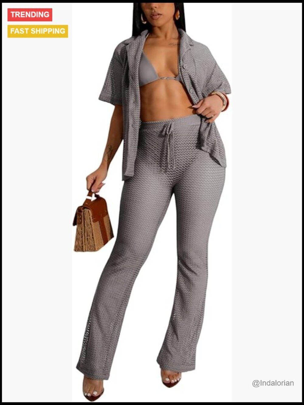2 Piece Crochet Outfits Hollow Out Swimsuit Cover Up Wide Leg Pants Beach Set